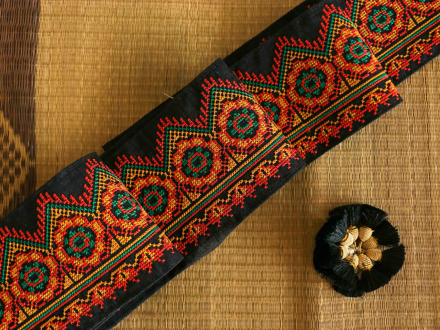 Black Orange Checks Embroidered Trim,Cross Stitch Embroidery,Temple Style Kashmiri Lace,Boho Rustic Trim,Indian Fabric Trim,Price/mtr