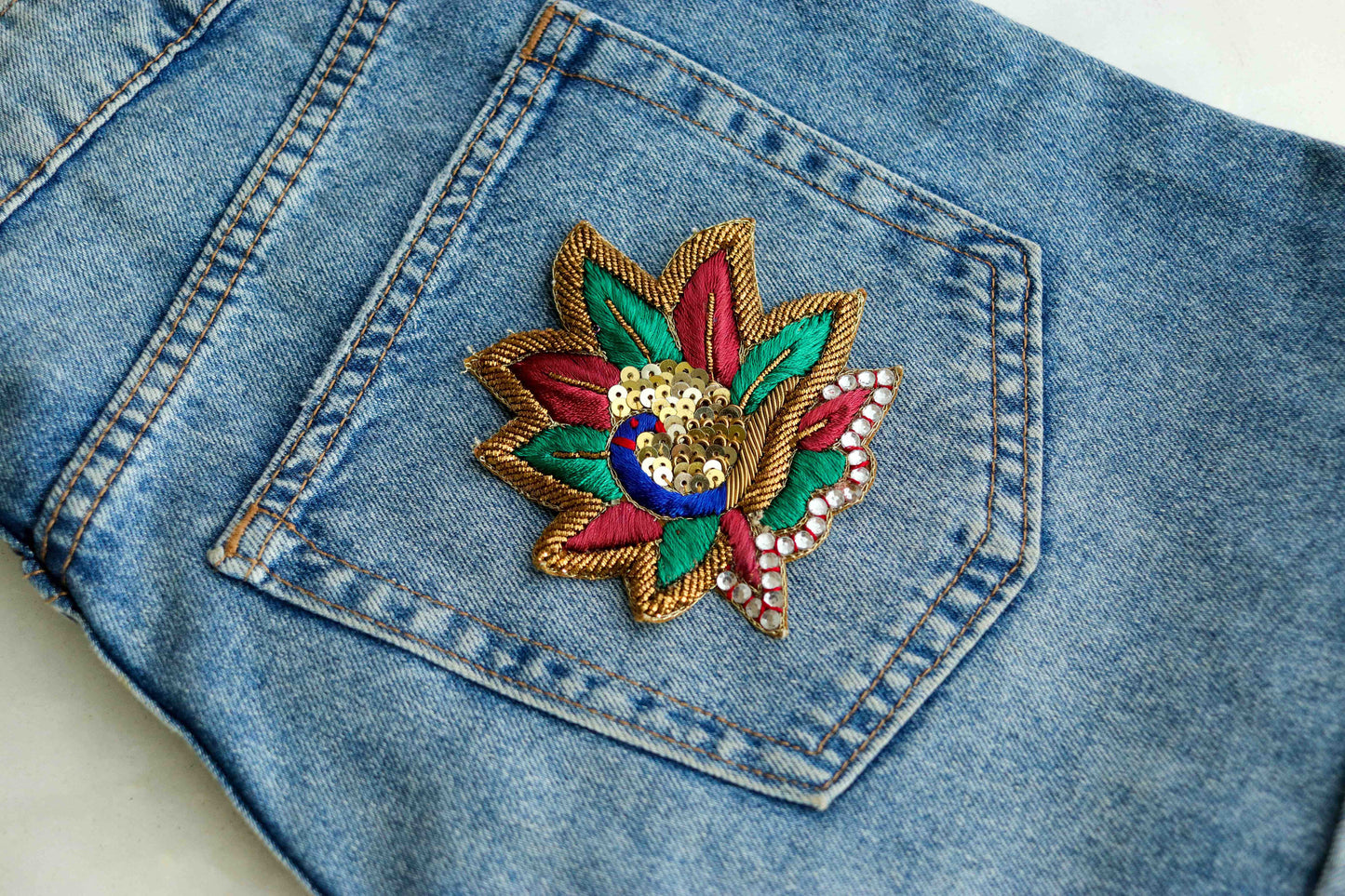 Colourful peacock embroidered patch,Handmade peacock applique,Indian bird patch,Sew on Applique,DIY Patch