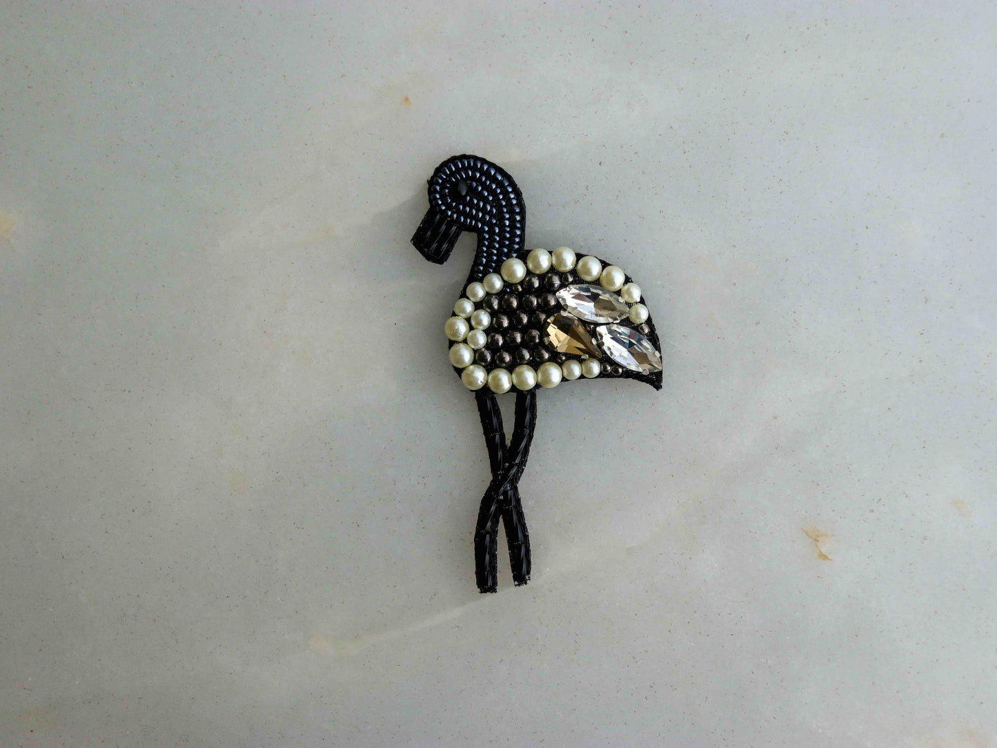 Black white beaded flamingo patch,Handmade flamingo applique,Black bird patch,Sew on Applique,DIY Bird Patch