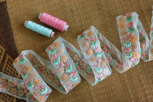 Mint Blue Floral Embroidered Trim,Green Blue Sequin Tissue Floral Lace,Indian Fabric Trim,Blue Pink Floral Organza Saree Border,Price/mtr