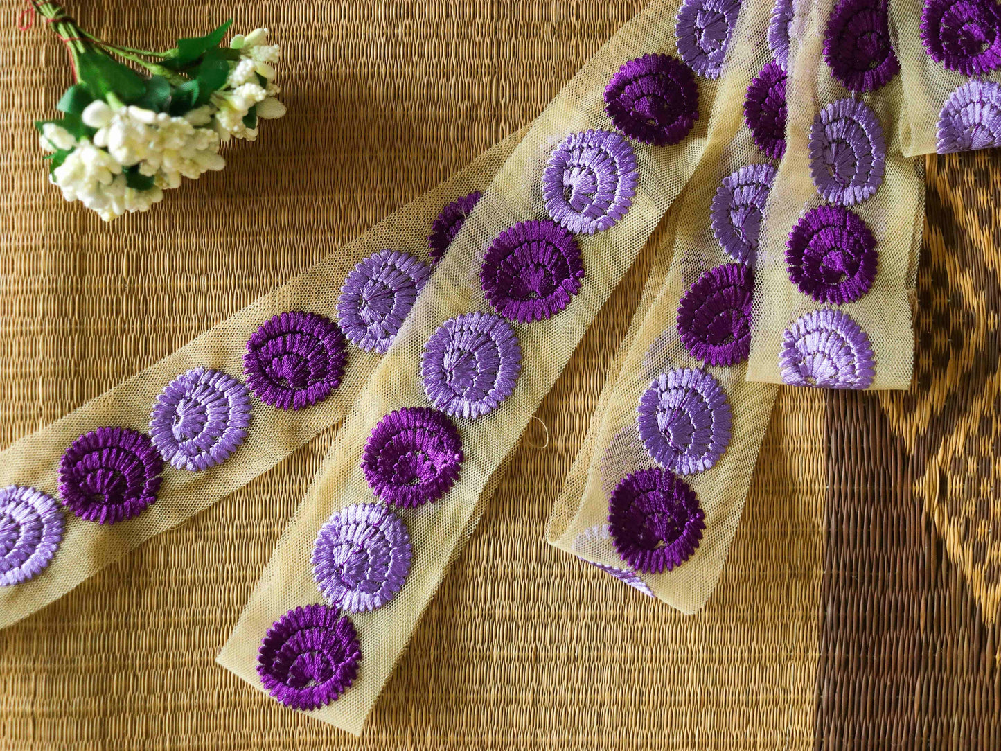 Purple Floral Embroidered Phulkari Trim,Indian Fabric Border,Floral Purple Net Lace,Boho Purple Floral Saree Border,Price/mtr