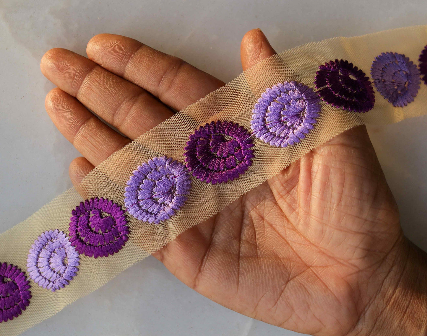 Purple Floral Embroidered Phulkari Trim,Indian Fabric Border,Floral Purple Net Lace,Boho Purple Floral Saree Border,Price/mtr