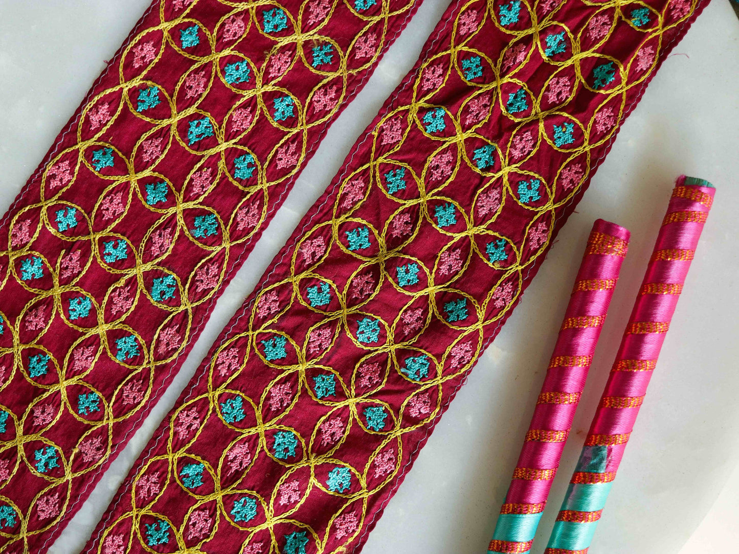 Red Pink Embroidered Kutchi Trim,Indian Handmade Embroidered Border,Red Multicolour Floral Lace,Tribal Boho Hippie Saree Border,Price/mtr