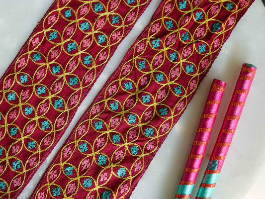 Red Pink Embroidered Kutchi Trim,Indian Handmade Embroidered Border,Red Multicolour Floral Lace,Tribal Boho Hippie Saree Border,Price/mtr