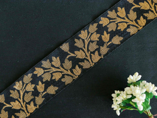 Black Gold Floral Brocade Trim,Jacquard Floral Border,Indian Brocade Lace,Black Gold Vintage Trim,Black Saree Border,Price/mtr