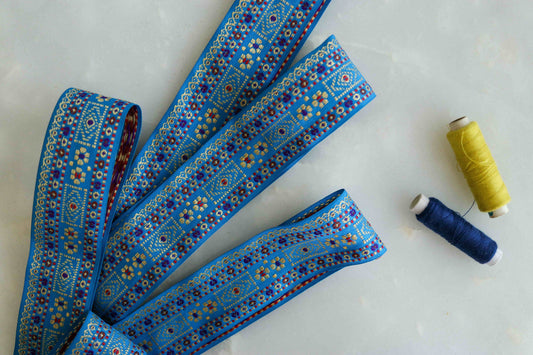 Blue Yellow Floral Brocade Trim,Blue Brocade Border,Indian Brocade Lace,Boho Blue Trim,Blue Floral Saree Border,Price/mtr