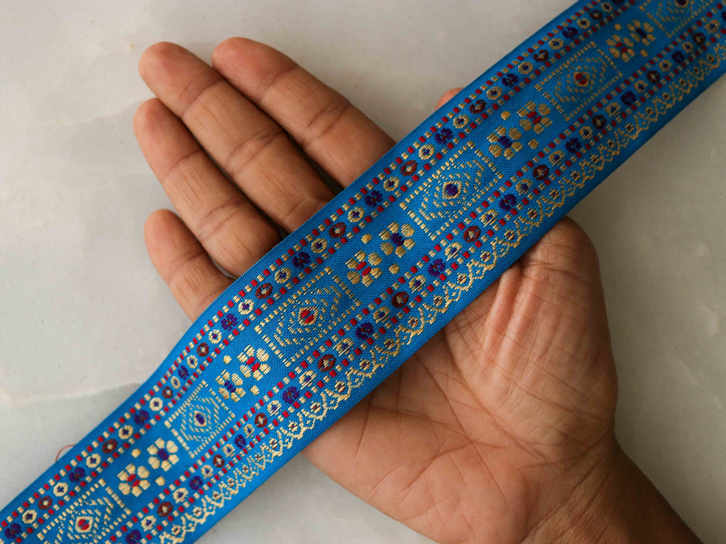 Blue Yellow Floral Brocade Trim,Blue Brocade Border,Indian Brocade Lace,Boho Blue Trim,Blue Floral Saree Border,Price/mtr
