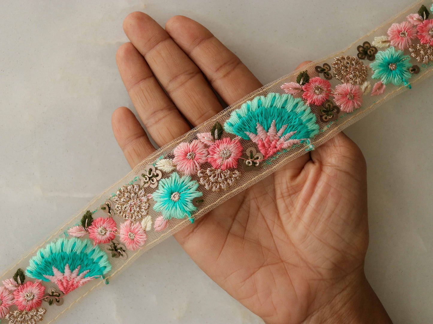 Teal Pink Floral Embroidered Trim,Teal Floral Border,Pink Teal Net Lace,Indian Fabric Trim,Saree Border,Price/mtr