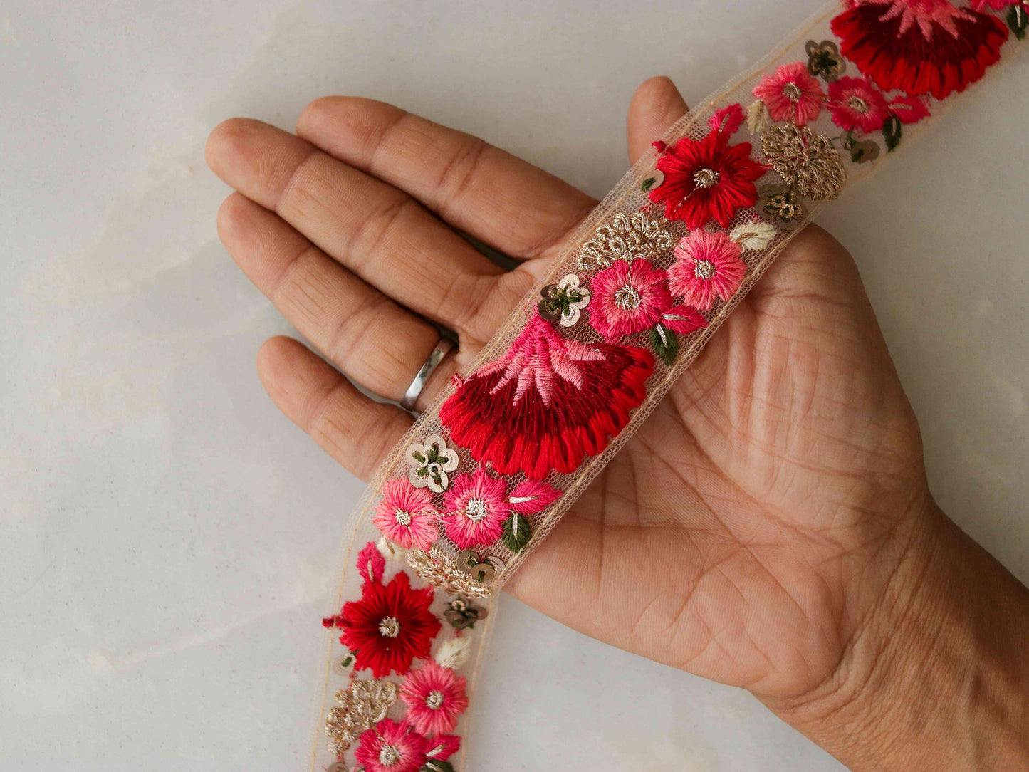 Red Pink Floral Embroidered Trim,Red Floral Border,Red Pink Net Lace,Indian Fabric Trim, Floral Saree Border,Price/mtr