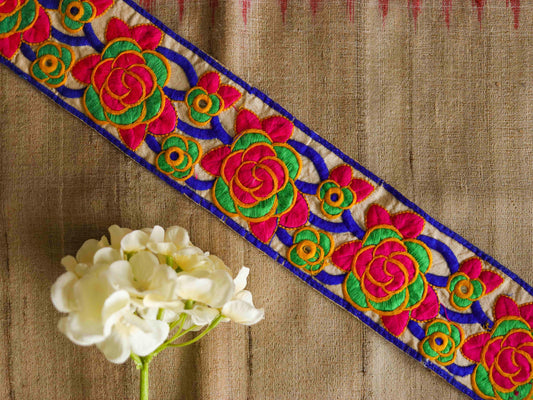 Cream Pink Floral Embroidered Trim,Indian Fabric Embroidered Border,Off-white Pink Floral Lace,Floral Saree Border,Price/mtr