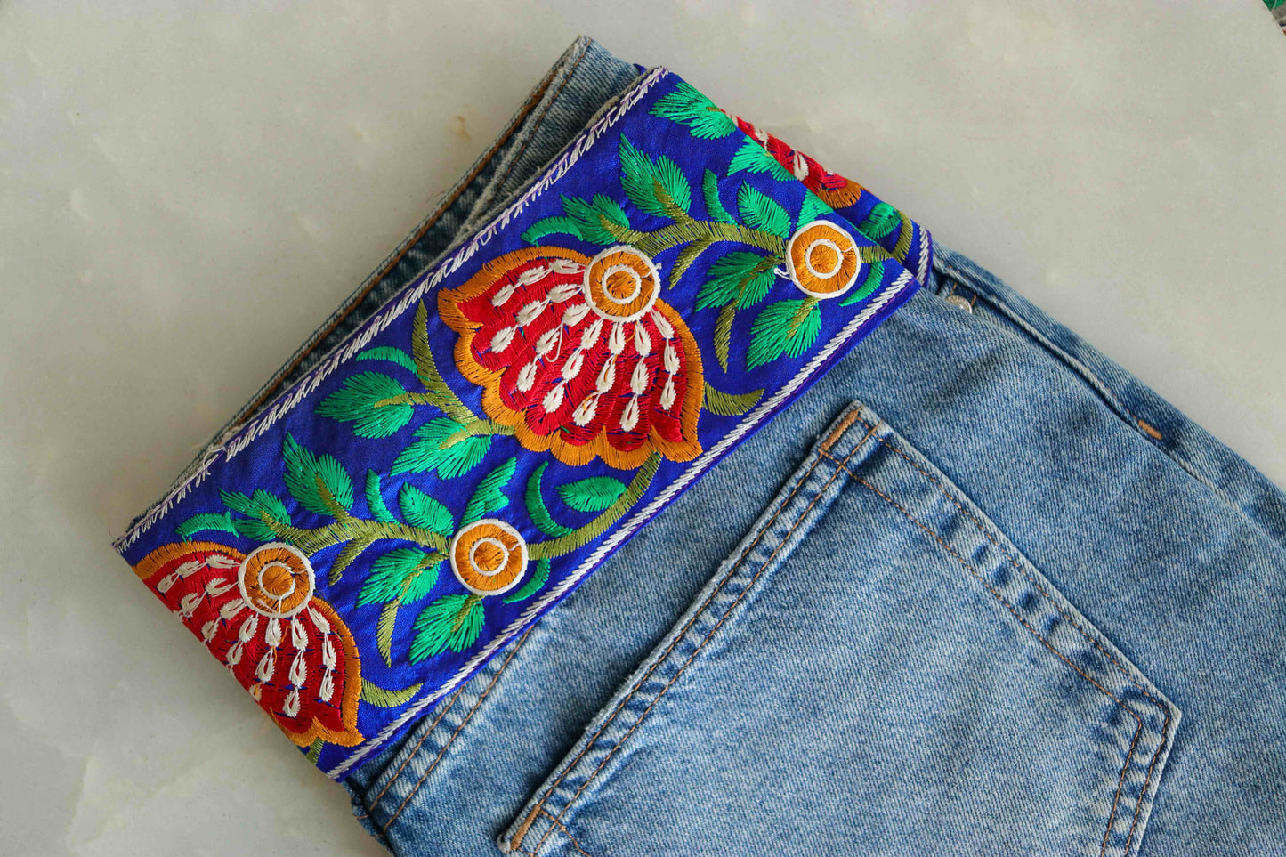 Blue Red Floral Embroidered Trim,Blue Floral Border,Blue Floral Lace,Indian Fabric Trim,Floral Saree Border,Price/mtr