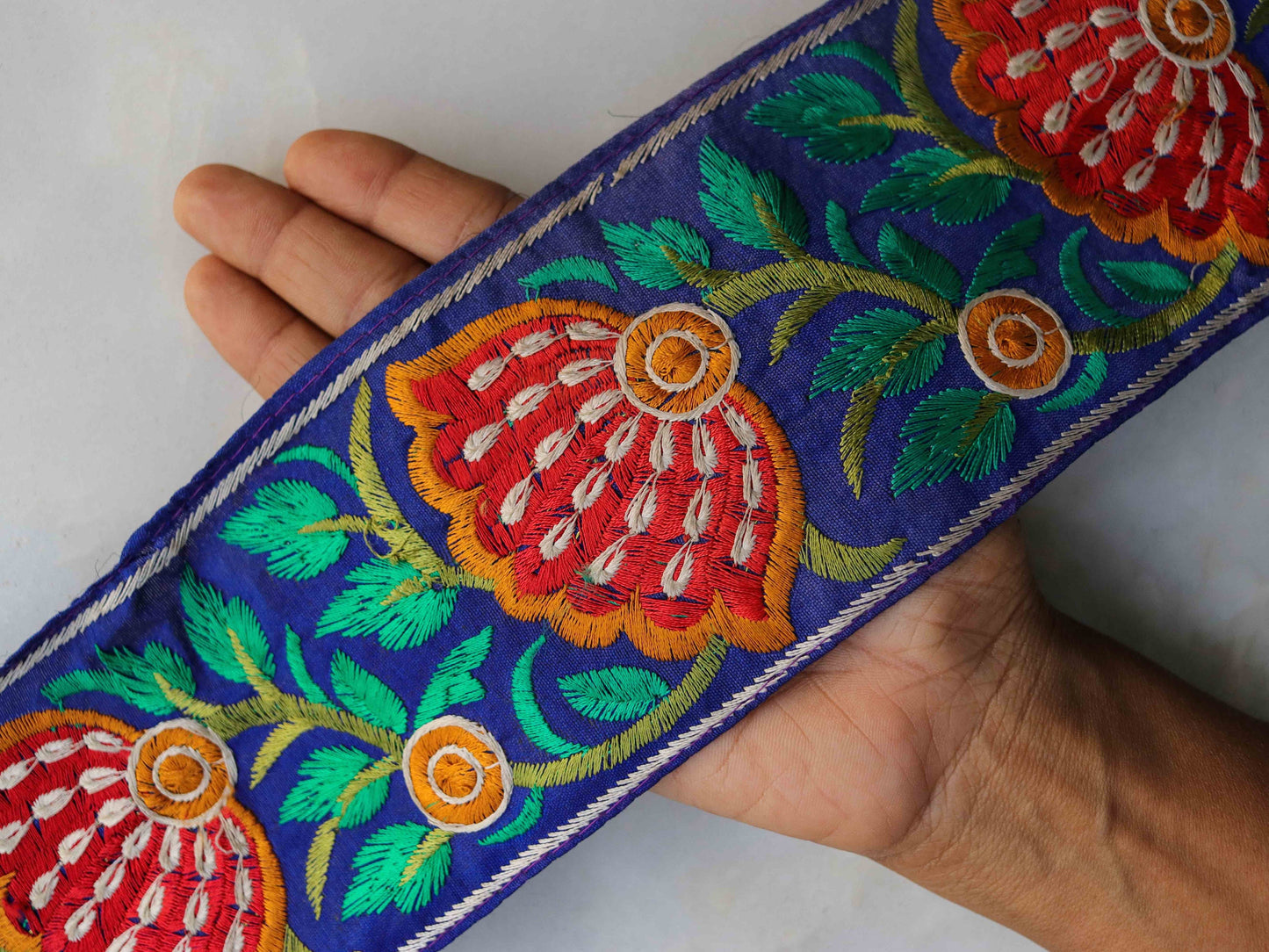 Blue Red Floral Embroidered Trim,Blue Floral Border,Blue Floral Lace,Indian Fabric Trim,Floral Saree Border,Price/mtr