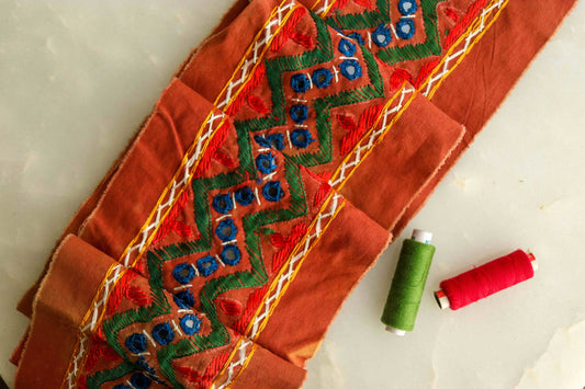 Orange Blue Embroidered Kutchi Trim,Indian Border,Handmade Orange Mirror Embroidered Lace,Tribal Boho Hippie Saree Border,Price/mtr
