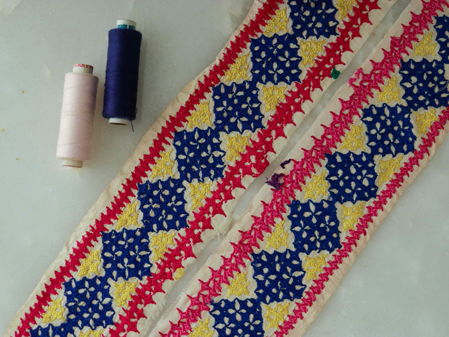 White Blue Embroidered Phulkari Trim,Indian Border,Handmade Cream Pink Lace,Recycled Vintage Boho Hippie Saree Border,Price/mtr
