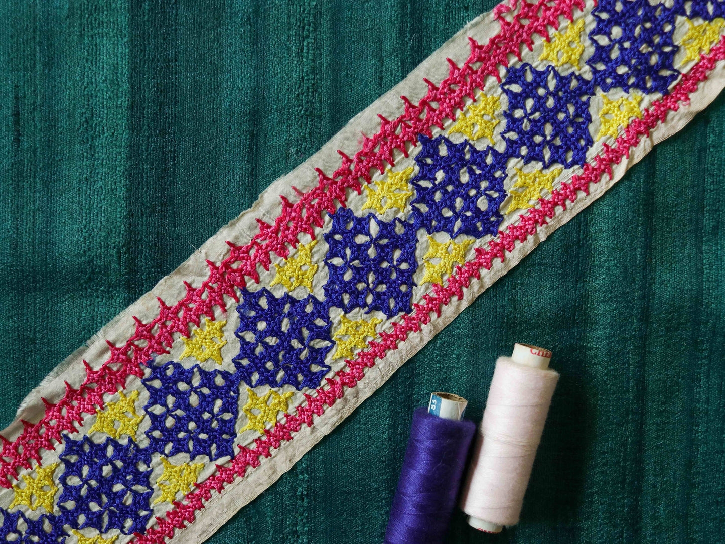 White Blue Embroidered Phulkari Trim,Indian Border,Handmade Cream Pink Lace,Recycled Vintage Boho Hippie Saree Border,Price/mtr