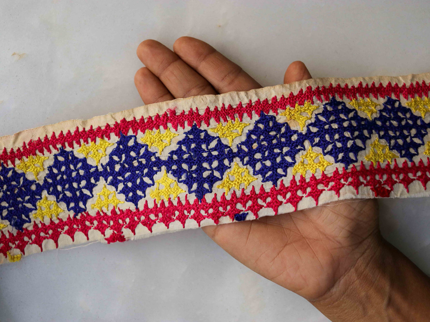 White Blue Embroidered Phulkari Trim,Indian Border,Handmade Cream Pink Lace,Recycled Vintage Boho Hippie Saree Border,Price/mtr