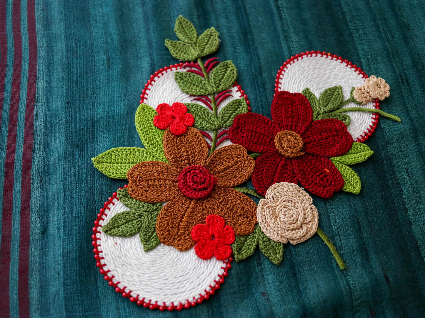 Large Red White Floral Patch,Handmade Crochet embroidered floral applique,Large Boho 3D Floral patch,Crochet DIY Patch