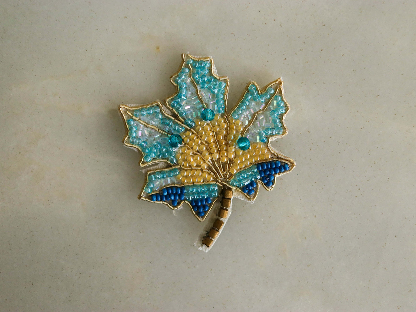 Blue Maple Leaf Beaded Patch,Handmade embroidered maple leaf applique,Quirky Fun Leaf patch,Canada flag shape Applique,DIY Patch