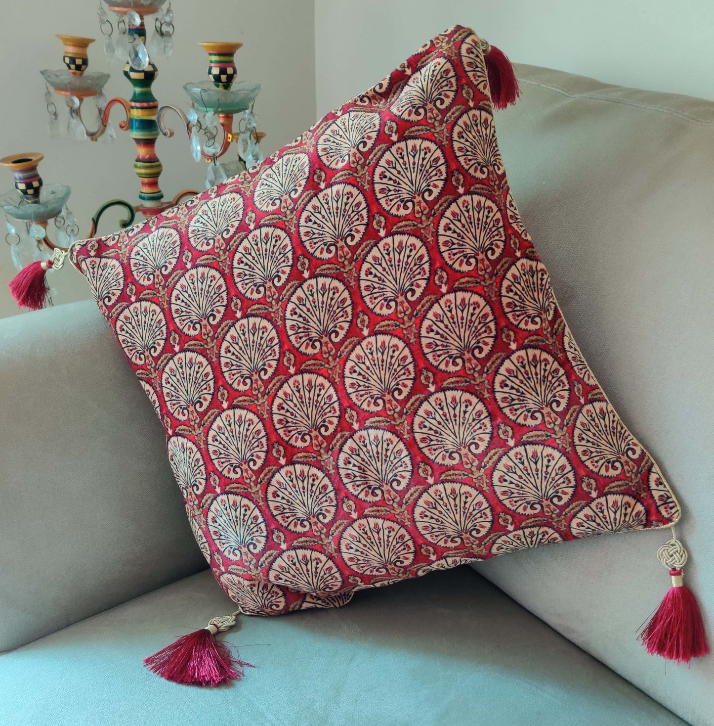 Nargis – Red Floral Velvet Cushion Cover,Printed Floral Velvet Sham,Rust Red Floral Print Cushion Cover,16”,18”,20”,Price/pc