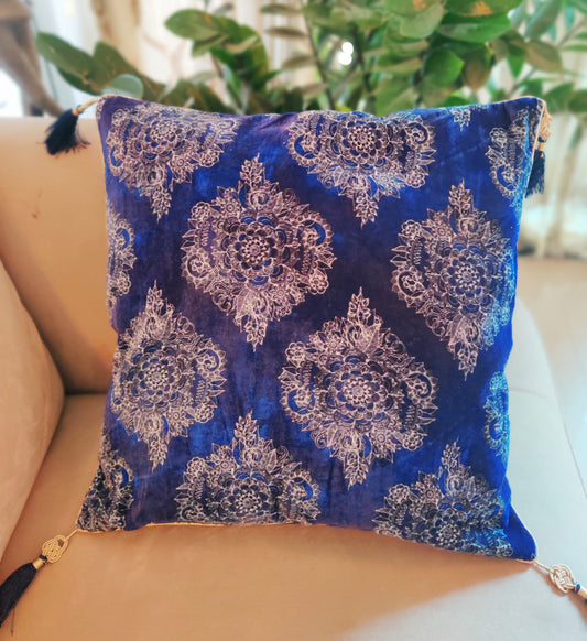 Nargis – Blue Floral Velvet Cushion Cover,Printed Floral Velvet Sham,Blue Floral Print Cushion Cover,16”,18”,Price/pc