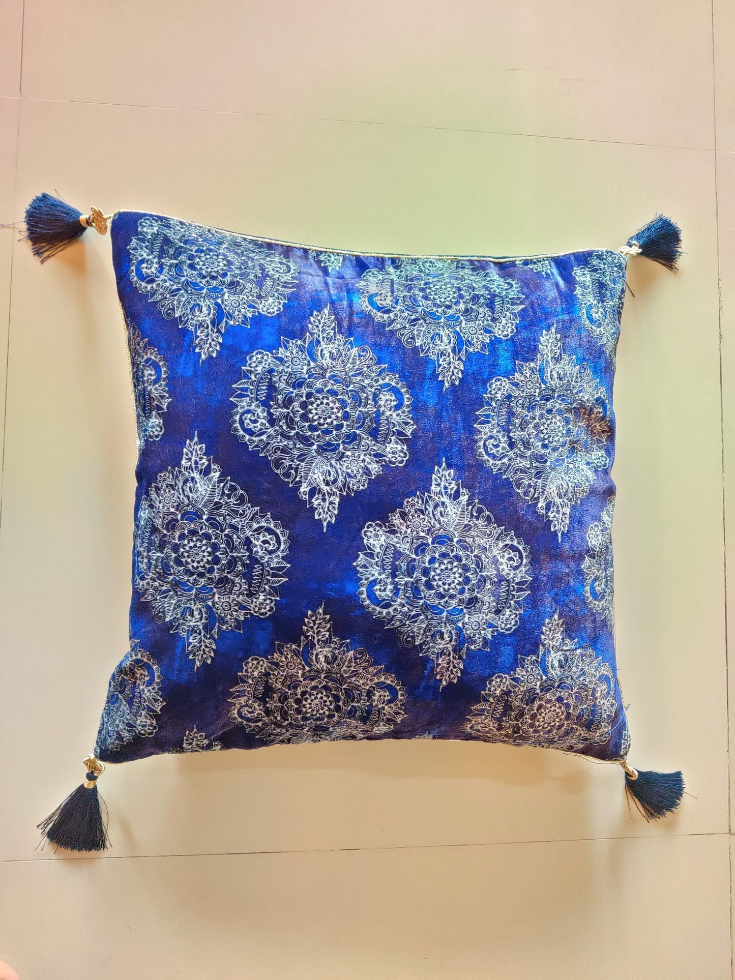 Nargis – Blue Floral Velvet Cushion Cover,Printed Floral Velvet Sham,Blue Floral Print Cushion Cover,16”,18”,Price/pc