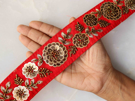 Red Gold Floral Embroidered Trim,Sequin Embroidered Floral Lace,Quirky Boho Trim,Red Gold Saree Border,Price/mtr
