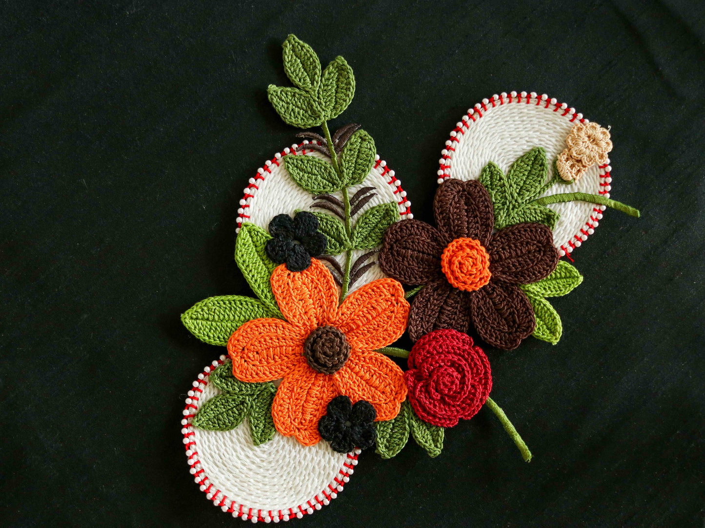 Large Orange Brown Floral Patch,Handmade Crochet embroidered floral applique, Large Boho 3D Floral patch,Crochet DIY Patch