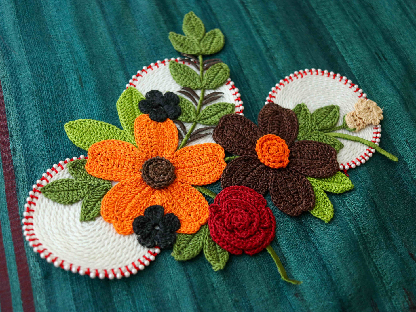Large Orange Brown Floral Patch,Handmade Crochet embroidered floral applique, Large Boho 3D Floral patch,Crochet DIY Patch