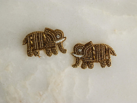 Golden Baby Elephant Embroidered Patch,Handmade Elephant Applique,Gold Beaded Animal patch,Quirky Boho DIY Patch, 2 pieces