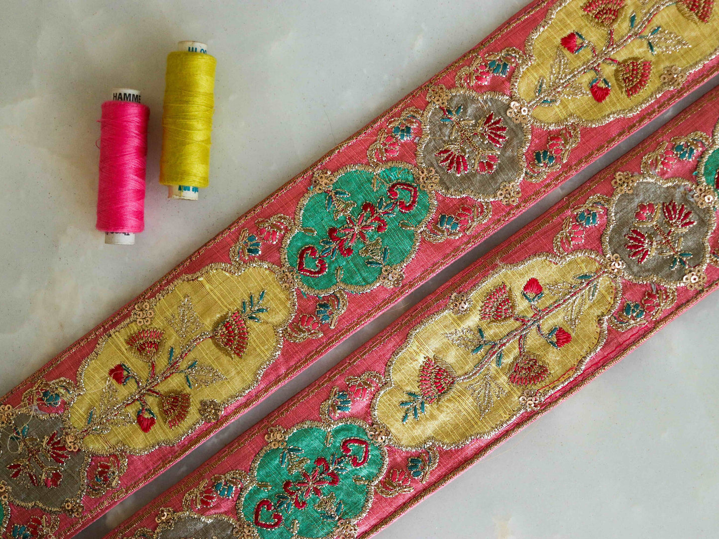 Pink Pastel Floral Embroidered Trim, Pink Patchwork Floral Lace, Indian Fabric Trim, Light Pink Pastel Digital Floral Saree Border, 90 cm