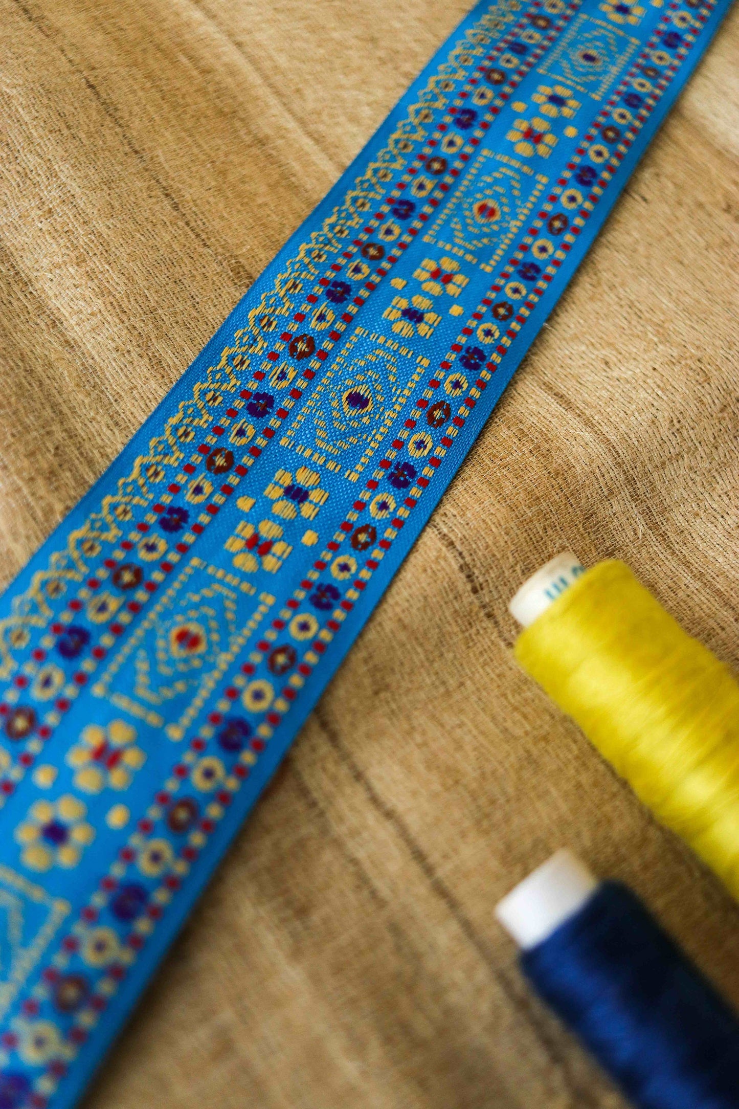 Blue Yellow Floral Brocade Trim,Blue Brocade Border,Indian Brocade Lace,Boho Blue Trim,Blue Floral Saree Border,Price/mtr