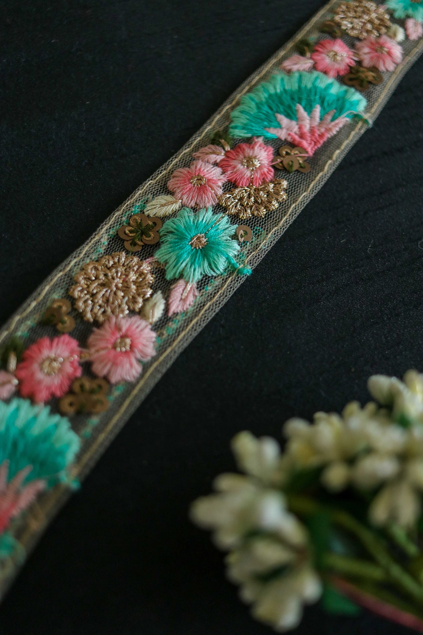 Teal Pink Floral Embroidered Trim,Teal Floral Border,Pink Teal Net Lace,Indian Fabric Trim,Saree Border,Price/mtr