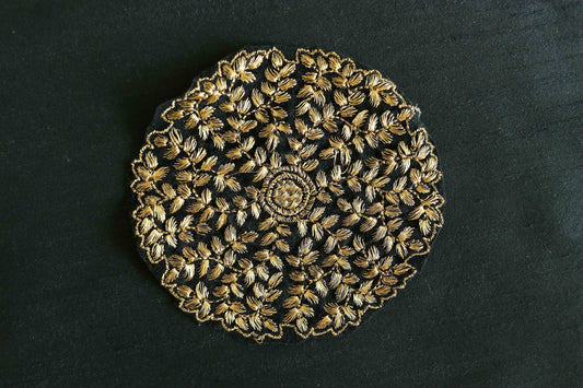Black Gold Floral Embroidered Patch,Handmade Round Floral Applique,Large Indian Fabric Patch,DIY Denim Jacket Patch,Boho Applique