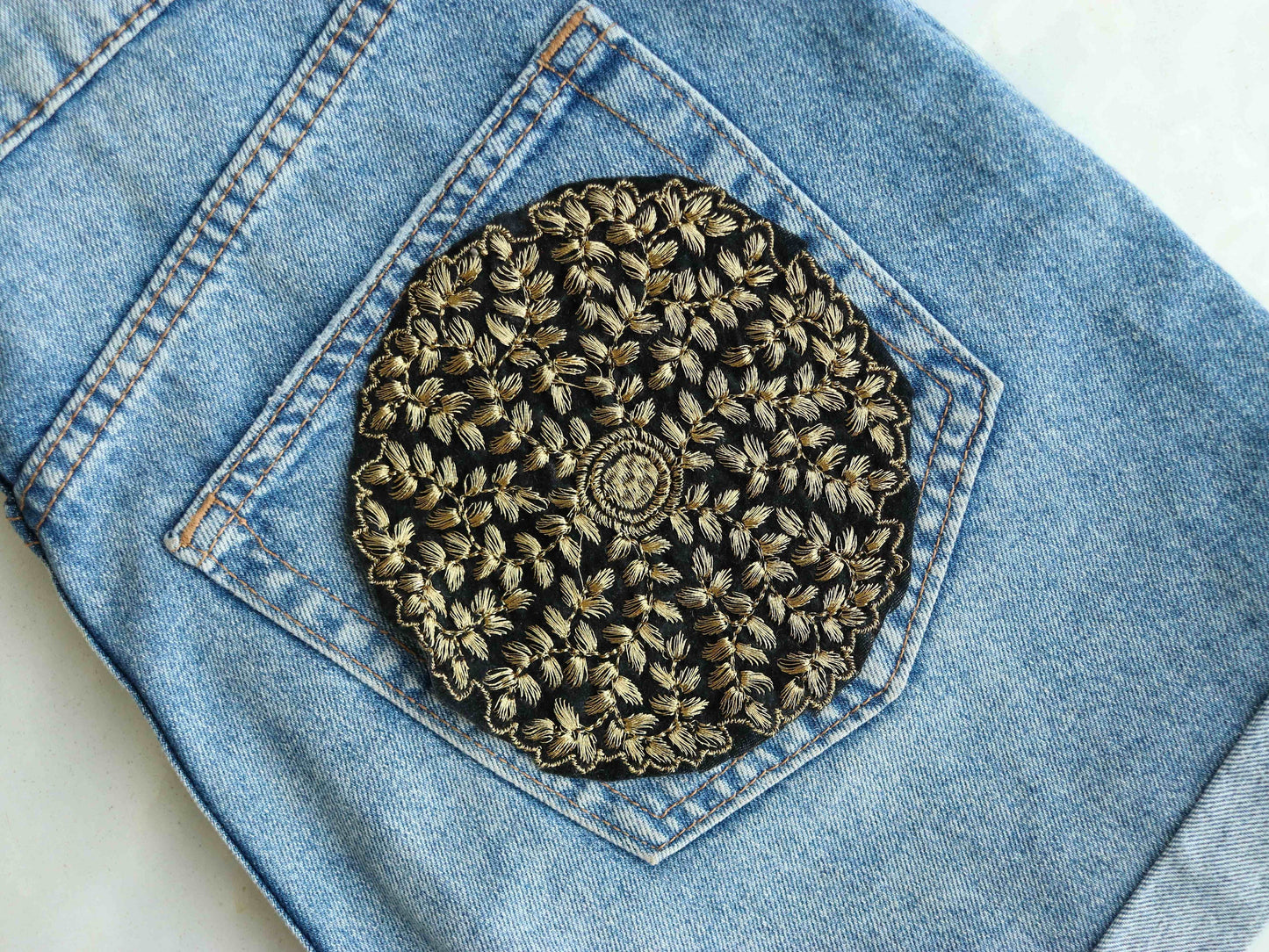 Black Gold Floral Embroidered Patch,Handmade Round Floral Applique,Large Indian Fabric Patch,DIY Denim Jacket Patch,Boho Applique