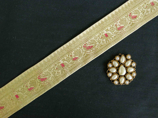 Off-White Peacock Elephant Banarasi Trim,Handmade Cream Banarasi Border,Indian Brocade Lace,Designer Cream Bird Saree Border,Price/mtr