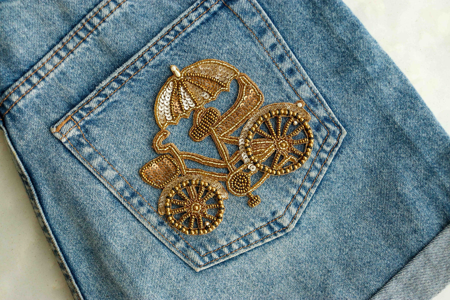 Quirky Cycle Golden Embroidered patch,Handmade Cycle applique,Boho Vehicle patch,Gold Zari Vintage Cycle Sew on DIY Patch