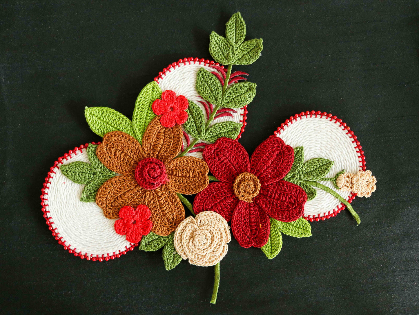 Large Red White Floral Patch,Handmade Crochet embroidered floral applique,Large Boho 3D Floral patch,Crochet DIY Patch