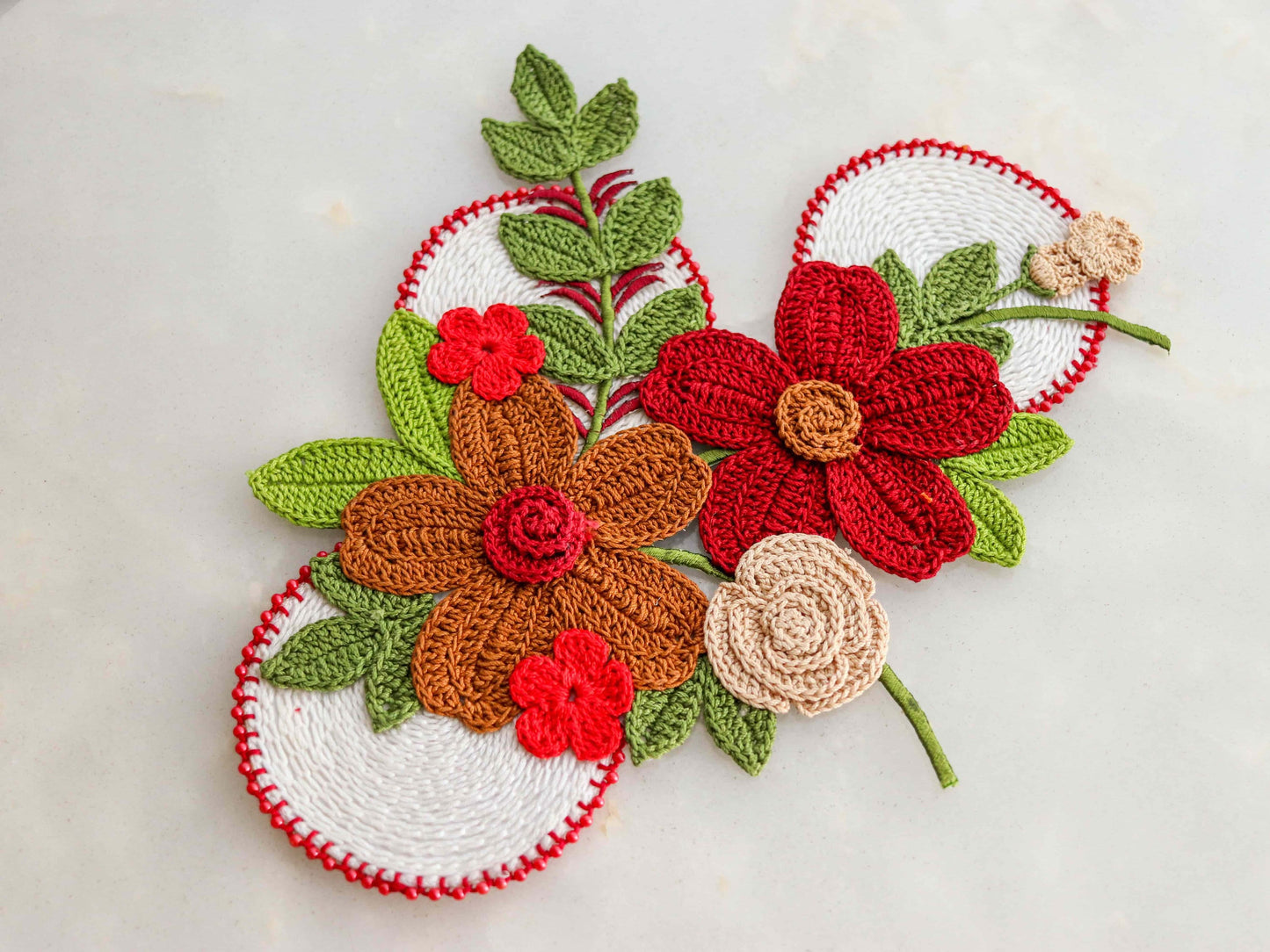 Large Red White Floral Patch,Handmade Crochet embroidered floral applique,Large Boho 3D Floral patch,Crochet DIY Patch