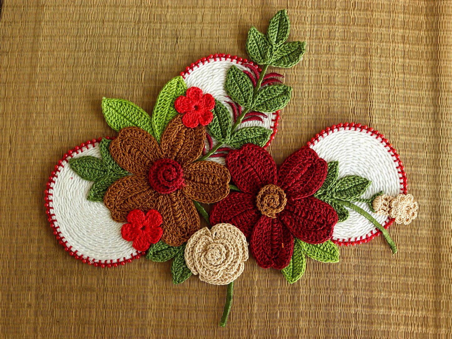 Large Red White Floral Patch,Handmade Crochet embroidered floral applique,Large Boho 3D Floral patch,Crochet DIY Patch