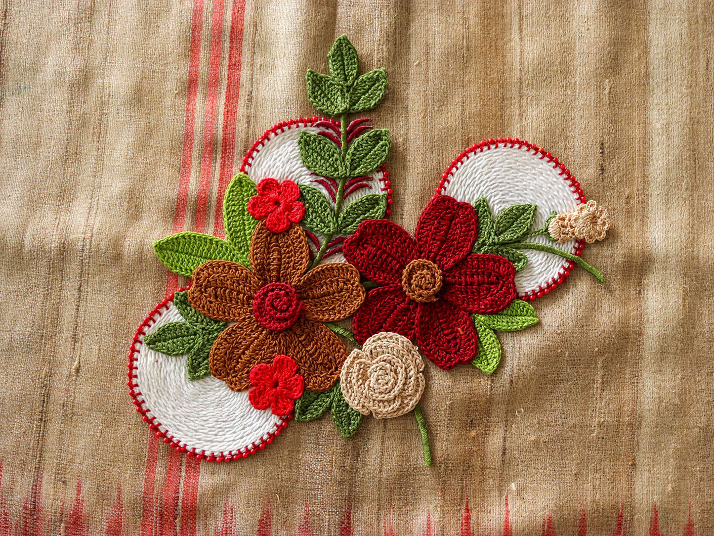 Large Red White Floral Patch,Handmade Crochet embroidered floral applique,Large Boho 3D Floral patch,Crochet DIY Patch