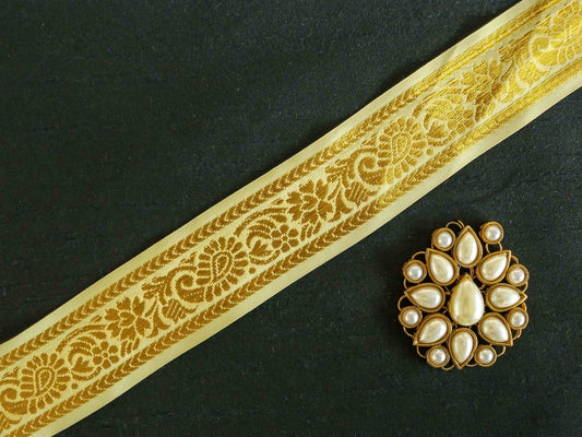 Cream Gold Floral Jacquard Trim,Brocade Paithani Border,Indian Brocade Lace,White Gold Vintage Trim,White Saree Border,Price/mtr