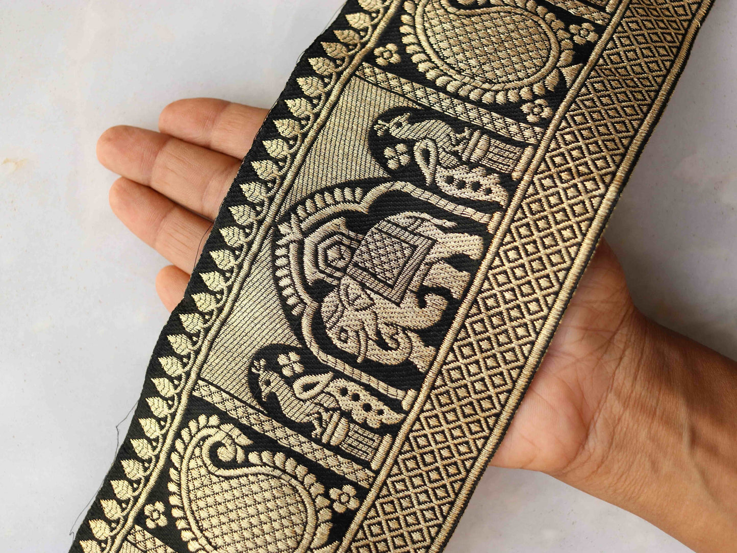 Black Peacock Elephant Banarasi Trim,Black Gold Banarasi Border,Indian Brocade Lace,Designer Black Saree Border,Price/mtr