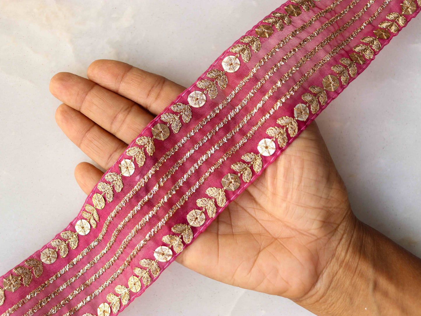 Pink Gold Floral Embroidered Trim,Pink Tissue Floral Lace,Indian Fabric Trim, Pink Gold Floral Organza Saree Border,Price/mtr