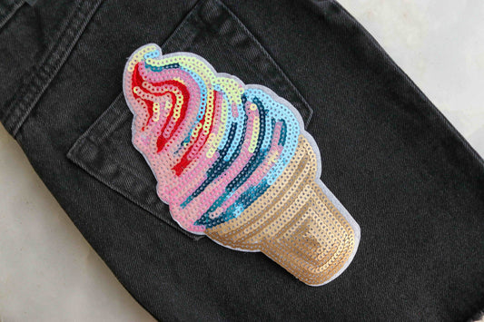 Quirky Multicolour Sequin Ice-cream Patch,Ice-Cream Cone applique,Gold Pink Sequin Food Patch,Dessert Applique,Boho Playful applique