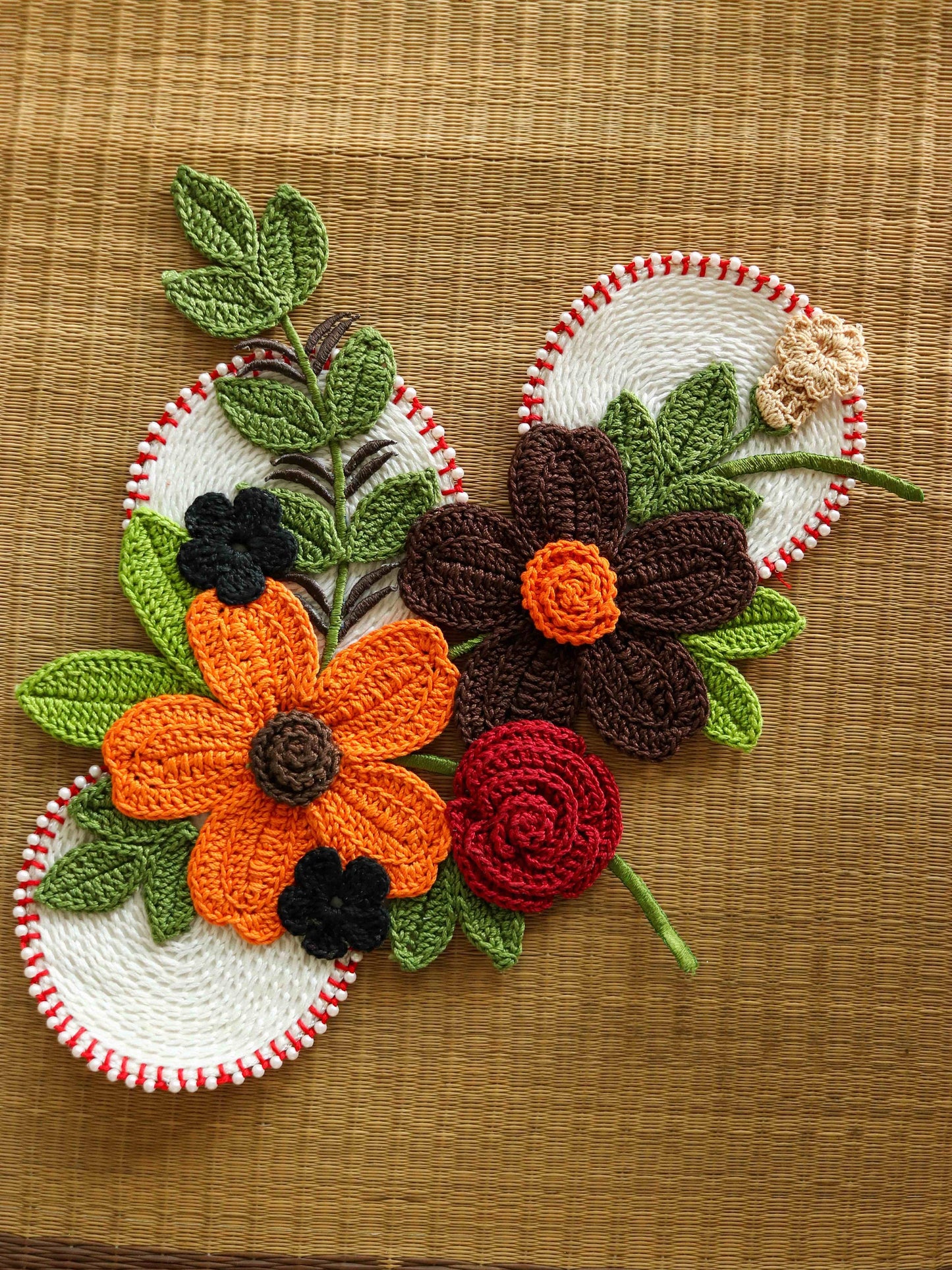 Large Orange Brown Floral Patch,Handmade Crochet embroidered floral applique, Large Boho 3D Floral patch,Crochet DIY Patch