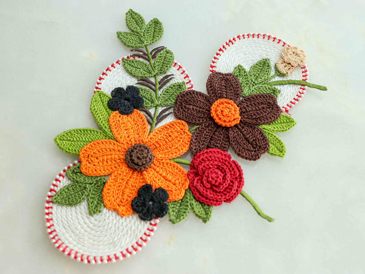 Large Orange Brown Floral Patch,Handmade Crochet embroidered floral applique, Large Boho 3D Floral patch,Crochet DIY Patch