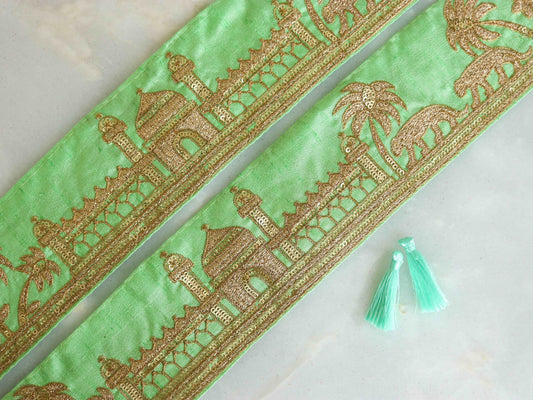 Green Gold Tiger Palace Trim,Mint Green Gold Embroidered Palace Border,Boho Animal Lace,Royal Indian Designer Trim,Price/mtr