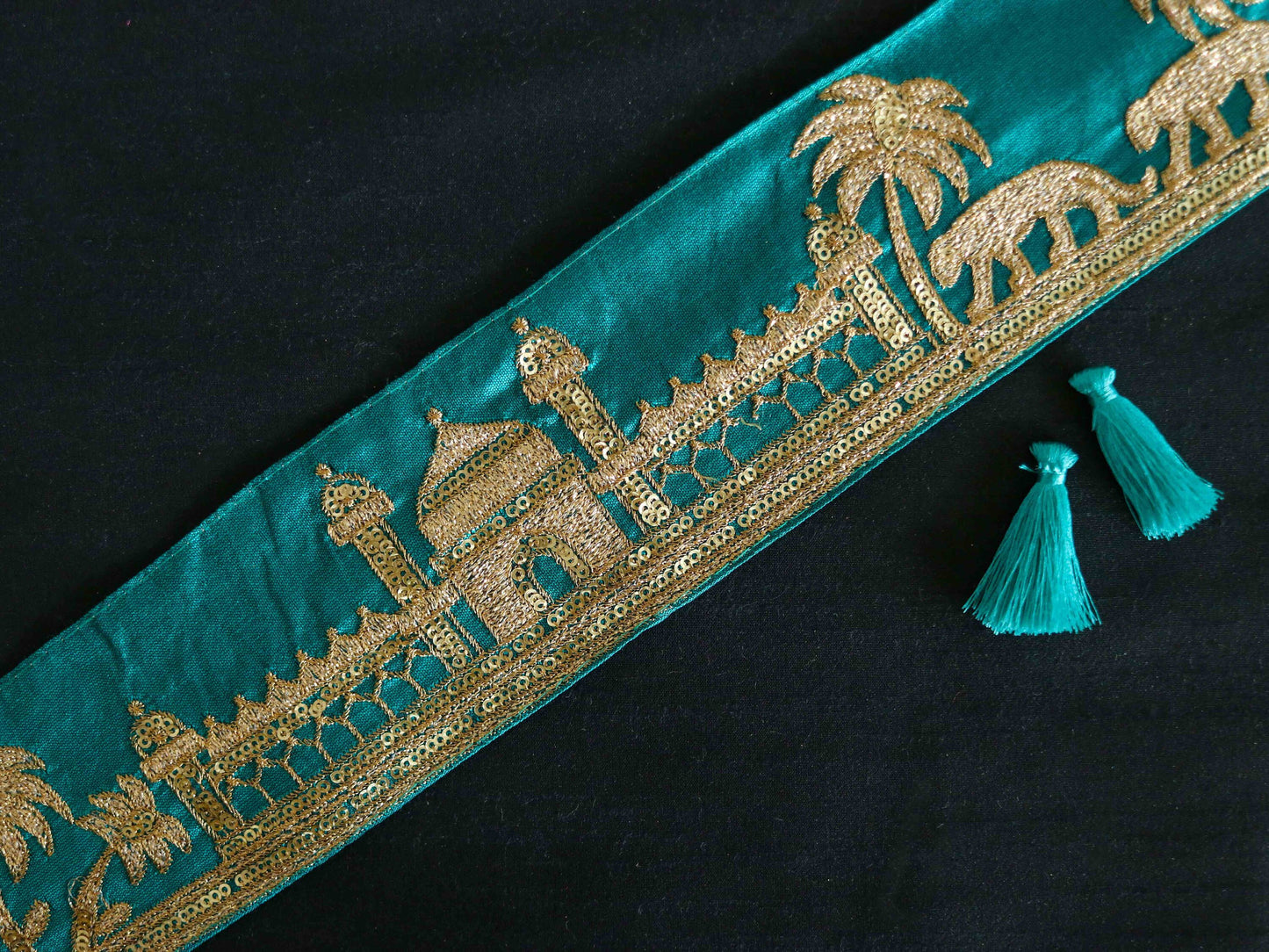 Green Gold Tiger Palace Trim,Green Gold Embroidered Palace Border,Boho Animal Lace,Royal Indian Designer Trim,Price/mtr