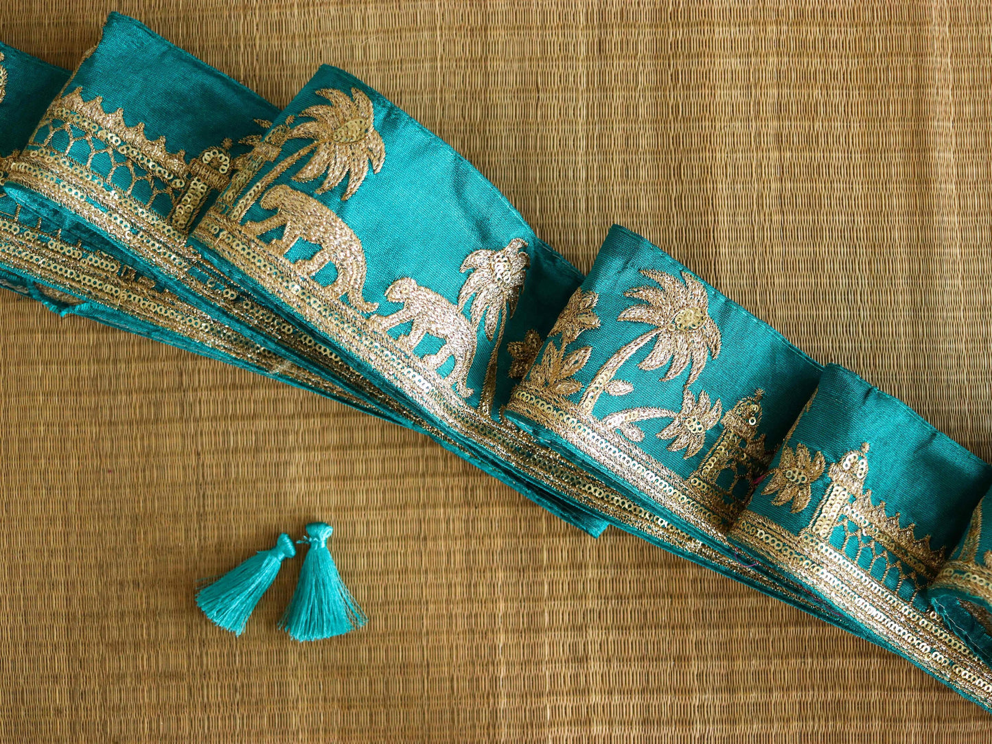 Green Gold Tiger Palace Trim,Green Gold Embroidered Palace Border,Boho Animal Lace,Royal Indian Designer Trim,Price/mtr