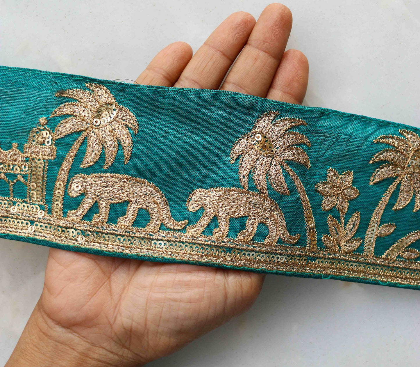 Green Gold Tiger Palace Trim,Green Gold Embroidered Palace Border,Boho Animal Lace,Royal Indian Designer Trim,Price/mtr